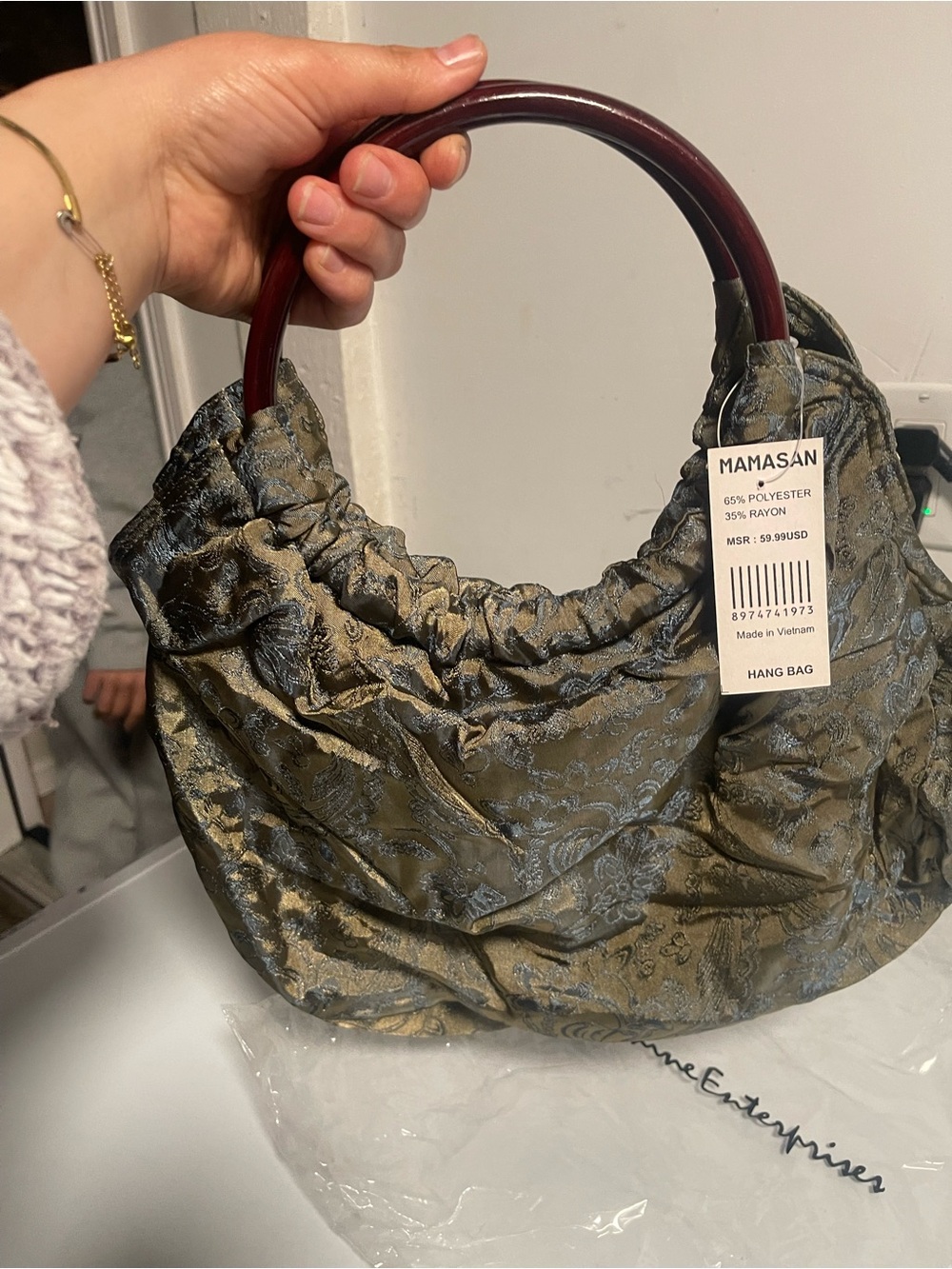 Olive Brocade Shoulder Bag with Dark Wood Handles